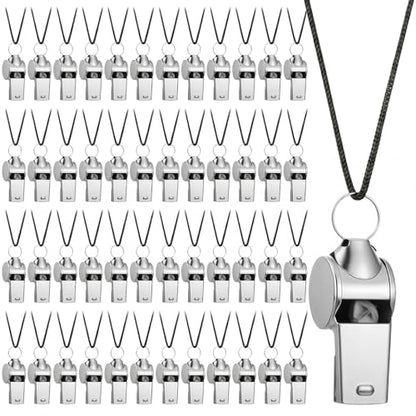 48PCS Stainless Steel Sports Whistles with Black Lanyard – Loud Crisp Sound Whistles Bulk for Coaches, Referees, Officials, and Emergency Use