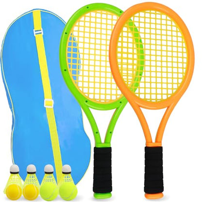 Kids Tennis Racket 17 Inch Lightweight for Junior Toddlers - Includes 2 Tennis Balls, 2 Sponge Balls, 4 Shuttlecocks & Carry Bag - color: Green & Orange