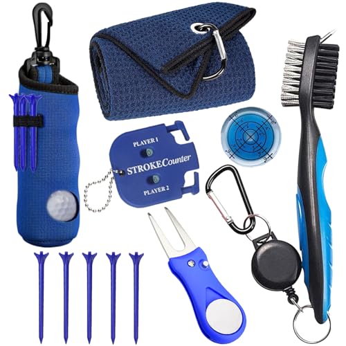 11 Pcs Golf Accessories Kit, Include Golf Ball Bag with Hook Tees Towel Cleaner Brush Ball Marker Divot Tool Score Counter - color: Blue