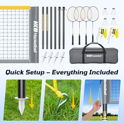 Haokelball Outdoor Badminton Net Set with Anti-Sag Winch System - 20ft Badminton Net, 4 Rackets, 4 Shuttlecocks & Carry Bag, Badminton Set for Backyard, Grass, Beach, Holiday Games - color: Gray