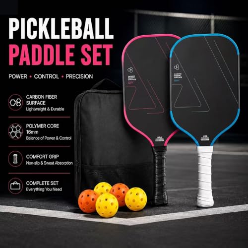 Carbon Fiber Pickleball Paddles, Lightweight Pickleball Paddle Set with Comfortable Grip, Includes Balls & Carry Bag, Pickleball Rackets for Beginners & Intermediate Players - color: Gradient Blue&Gradient red