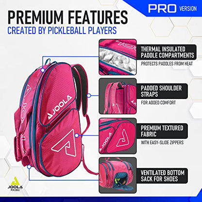 JOOLA Tour Elite Pro Pickleball Bag – Backpack & Duffle Bag for Paddles & Pickleball Accessories – Thermal Insulated Pockets Hold 4+ Paddles - Includes Fence Hook - color: Hot Pink/Blue