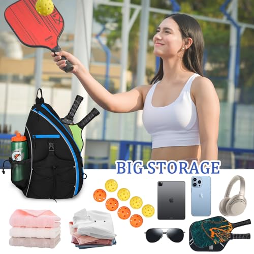 Goloni Pickleball Sling Bag for Men Women, Lightweight Pickleball Backpack with Fence Hook - color: Black Blue