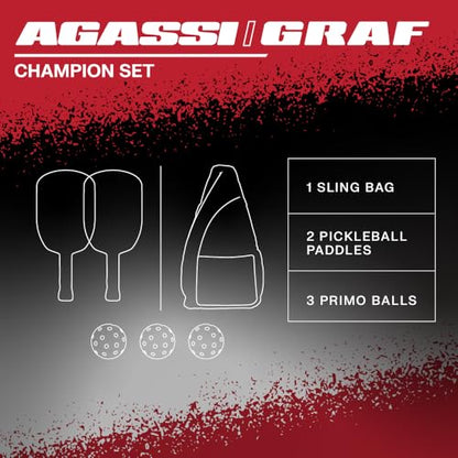 JOOLA Agassi/GRAF Champion Set with Pickleball Paddles, Balls & Sling Bag - Sandblasted Pickleball Racket - Agassi Shape with Extended Sweet Spot - UPA-A Certified - USAP Approved - NFC Chip Enabled - color: 2 Player Set | Fiberglass | Champion