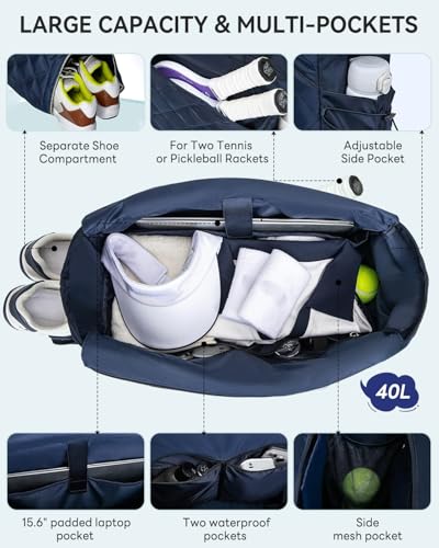 Tennis Tote bag With Shoe Compartment For Men & Women Waterproof Tennis Tote Holds 2-4 Rackets With Shoe Compartment & Wet Pocket, Sports Travel Duffle Fits 15.6" Laptop, Pickleball Tote bag