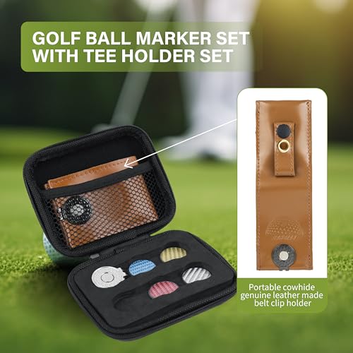 SANDIAN [Full Set], Golf Ball Markers Carbon Fiber T800 Full Set with Genuine Brown Leather Belt Clip Tee Holder Pouch, Magnetic Hat Clips, Storage Case [Brown Leather]
