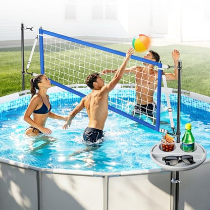 Above Ground Pool Volleyball Net Set with Storage Tray - Swimming Pool Volleyball Net for Pool with Adjustable 10-20FT Width Anti-Sagging Net - Outdoor Poolside Games with Ball, Pump, Poles