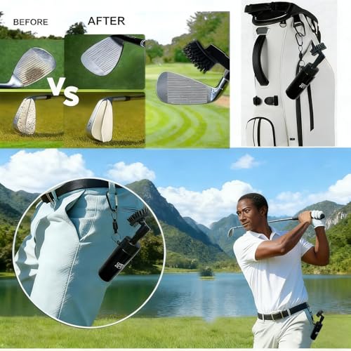 Golf Club Brush with Magnetic Clip & Water Sprayer - 5oz Capacity, Stiff Bristles for Deep Cleaning, Silicone Hose & Gravity Ball for Easy Use on Course - color: Black