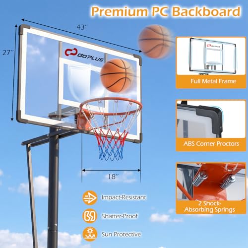 Goplus Portable Basketball Hoop Outdoor for Adults, 5.6-10 FT Adjustable Basketball Hoop Goal System with Shatterproof Backboard, Shock Absorbent Rim, Fillable Base, 2 Wheels, for Backyard Driveway