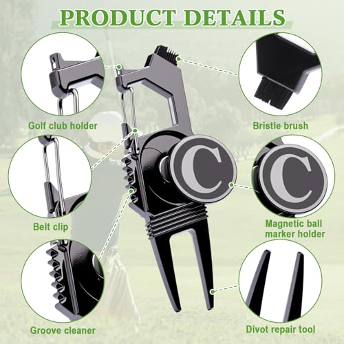 Skylety Golf Divot Repair Tool with Letter Ball Marker 6-in-1 Divot Tool Initials Ball Marker, Club Holder, Brush, Clip Buckle, Groove Cleaner Golf Accessories for Men Father Gifts