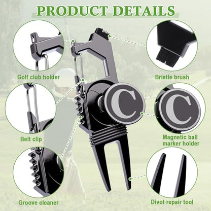 Skylety Golf Divot Repair Tool with Letter Ball Marker 6-in-1 Divot Tool Initials Ball Marker, Club Holder, Brush, Clip Buckle, Groove Cleaner Golf Accessories for Men Father Gifts