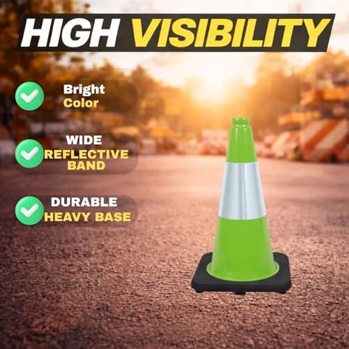 6 Pack Green 18 Inch Black Base Traffic Cones for Vehicle Maneuvering Practice, Driving Training, Lane Marking & Safety Warning (6, Green, 18 Inch) - color: Green, size: 18 Inch