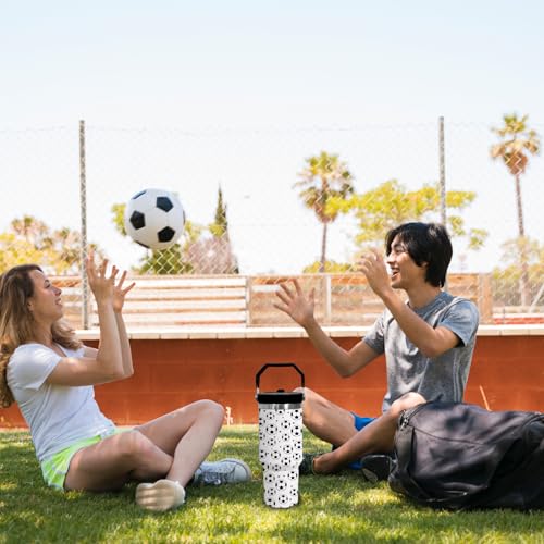 30 oz Tumbler with Handle Flip Straw Leak Proof - Soccer Cup 30oz Tumbler Travel Coffee Mug with Handle - Birthday Gifts for Women Men Soccer Lovers Fans 30 Ounce Stainless Steel Cup - color: Soccer White