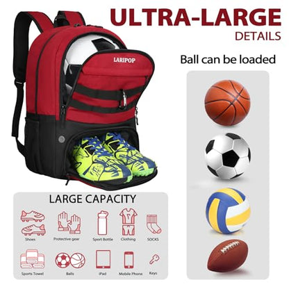 LARIPOP Soccer Backpack with Ball Holder & Shoe Compartment Large Capacity Youth Sports Bag for Training - color: Dark red