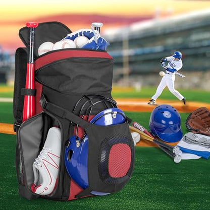 Smasrob Baseball Bag for Adult and Youth, Baseball Backpack Softball Bag with Helmet Holder, Shoe Compartment and Fence Hook - color: Red