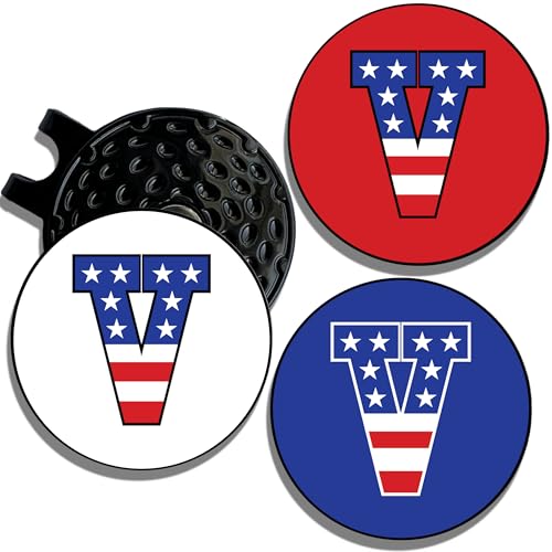 Wolf Golf Towels Golf Ball Marker Hat Clip | USA Monogram | 1 Magnetic Clip + 3 Ball Markers | Patriotic Golf Accessories for Men & Women - color: V - Red White & Blue