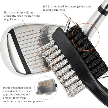1pcs Golf Club Brush Groove Cleaner with Cover, Double-Sided Golf Cleaning Brush with Retractable Carabiner Clip for Golf Bag