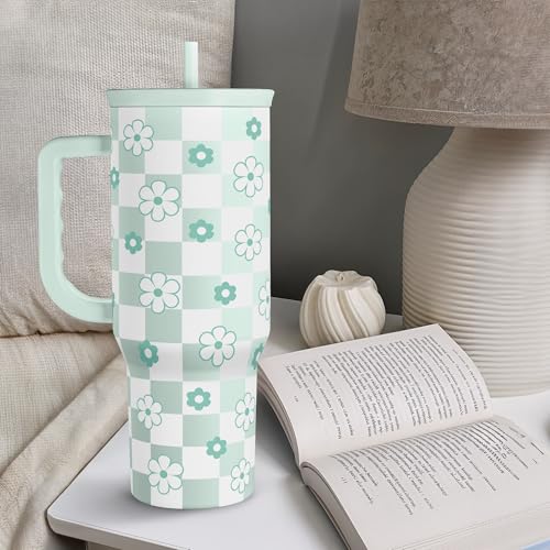 SANDJEST 40oz Daisy Flower Tumbler with Handle and Straw - Insulated Stainless Steel Coffee Travel Mug for Women Girls, Floral Gift Idea for Birthday Christmas - color: Checker Daisy