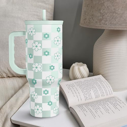 SANDJEST 40oz Daisy Flower Tumbler with Handle and Straw - Insulated Stainless Steel Coffee Travel Mug for Women Girls, Floral Gift Idea for Birthday Christmas - color: Checker Daisy