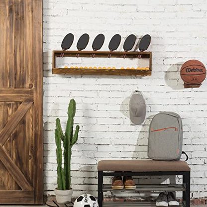 MyGift Wall Mounted Ping Pong Paddle Holder, Burnt Wood Table Tennis Racket Display Rack with Ball Storage Shelf - color: Burnt Wood