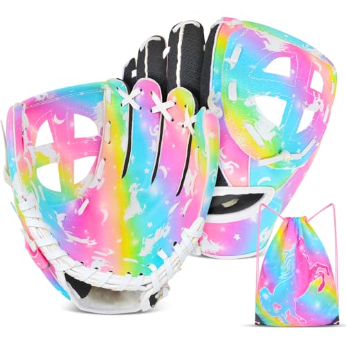 Kids Baseball Glove,Softball Gloves,Baseball Softball Mitt for Kids Girls Toddlers, Tee Ball Glove for Training and Beginner Play, Left Hand Glove, Right Hand Throw - color: Rainbow Unicorn, size: 9"