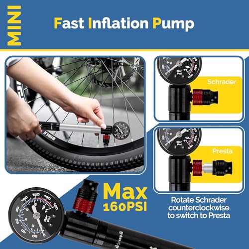 Bike Pump with Gauge, Mini Bike Pump 160 PSI with Pressure Gauge & Ergonomic Grip, Dual Valve Schrader Presta Inflator for Road and Mountain Bike Tires, Ball, Swimming Ring.