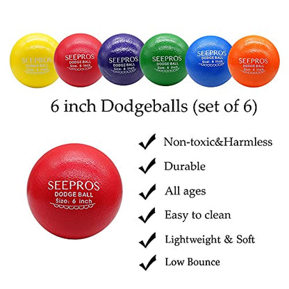Foam Dodgeball Set - Soft Skin, Low Bounce, Set of 6 with Mesh Storage Bag for Kids and Adults