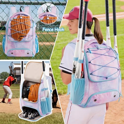 Youth Baseball Bag Backpack with Bat Holder for Boys Girls Baseball & Softball Bat Bag for T-Ball Equipment, Kids Baseball Backpack with Shoe Compartment & Glove Storage - color: Pastel Galaxy