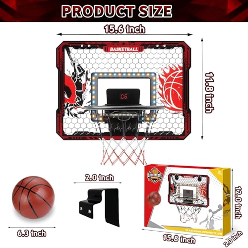 Over The Door Basketball Hoop, 2025 Upgrade Indoor Basketball Hoop with LED Lights and Scoreboard, Includes 3 Balls & Pump, Toys Gifts for3 4 5 6 7 8 9 10 11 12 Year Old Boys - Mini Basketball Hoop