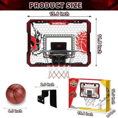 Over The Door Basketball Hoop, 2025 Upgrade Indoor Basketball Hoop with LED Lights and Scoreboard, Includes 3 Balls & Pump, Toys Gifts for3 4 5 6 7 8 9 10 11 12 Year Old Boys - Mini Basketball Hoop