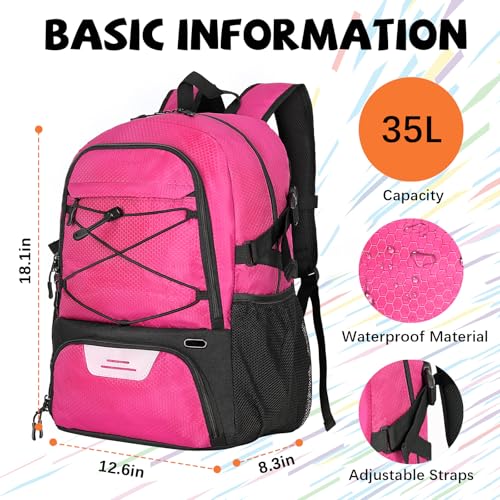 Goloni Basketball Backpack Bag,35L Basketball Bag with with Separate Ball & Shoe Compartments,Large Sports Bag for Basketball - color: Pink