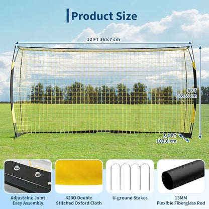 3-in-1 Soccer Rebounder Net & Goal (7x5ft/12x6ft), Dual-Function Football Trainer with Fast Rebound Net, Heavy-Duty Steel Frame, for Backyard, Field, All Ages & Skill Levels - color: Yellow, size: 12x6ft