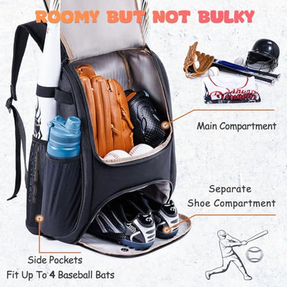 Youth Baseball Bag Backpack with Bat Holder for Boys Girls Baseball & Softball Bat Bag for T-Ball Equipment, Kids Baseball Backpack with Shoe Compartment & Glove Storage - color: Black