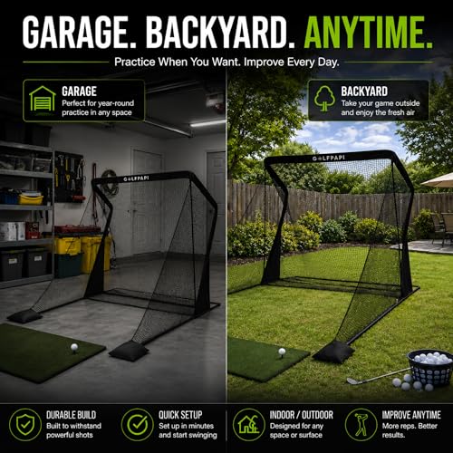 Golf Practice Net – Compact Golf Hitting Net with Steel Frame and Side Net Protection – Indoor & Outdoor Golf Training Net for Backyard, Garage, or Simulator Use 7.5 & 10 ft - size: 7.5 Feet Wide