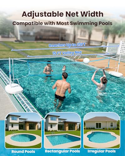 IGL Pool Volleyball Net Set, Pool Volleyball Set with 15 Ft Length Net, Height Adjustable Volleyball Net for Pool, Anti-Rust Stainless Steel Pool Games Set, Two Fillable Bases, Includes 2 Volleyballs - size: Volleyball Set