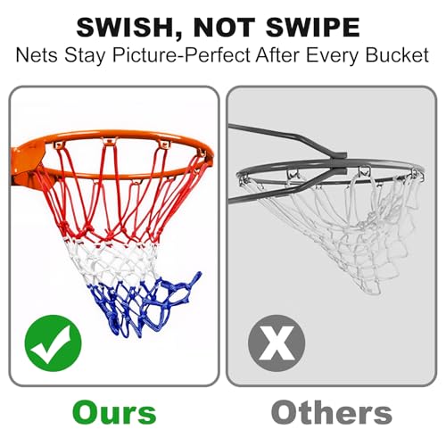 Basketball Net Heavy Duty 7.16oz Professional Grade, All Weather Anti Whip Basketball Net Replacement for Outdoor Indoor Standard Hoop, 12 Loops Reinforced (Red White Blue)