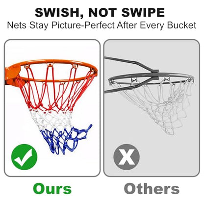 Basketball Net Heavy Duty 7.16oz Professional Grade, All Weather Anti Whip Basketball Net Replacement for Outdoor Indoor Standard Hoop, 12 Loops Reinforced (Red White Blue)