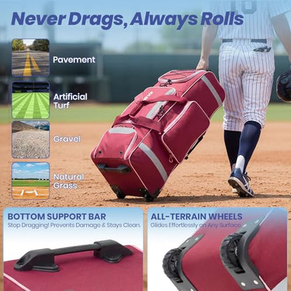 81L Rolling Baseball Bag with Wheels, Softball Catchers Gear Bags for 4 Bats (Fits Up To 34"), Separate Shoe Compartment, Safety Reflective Strip, Fence Hook, Foldable T-Bag for Youth & Adult - color: Dark Red