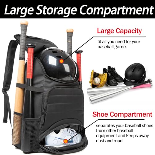 Baseball Bag - Lightweight Softball & T-Ball Backpack with Shoe Compartment for Equipment & Gear - color: BLK