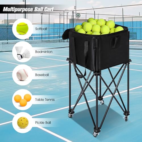 Portable Tennis Ball Hopper Holds 180 Balls, Tennis Ball Basket Cart with 4 Wheels & Brakes, Detachable Oxford Fabric Bag for Tennis and Pickleball Training, Black - color: Black steel