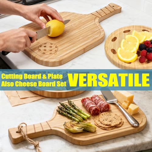 Pickleball Charcuterie Board Set – Bamboo Cheese & Cutting Board | 17" Paddle Board with Handle + 8.5″ Round Plate – Perfect Gifts for Pickleball Fans & Club Gatherings