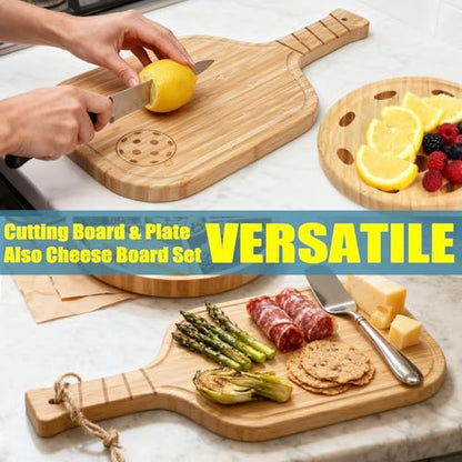 Pickleball Charcuterie Board Set – Bamboo Cheese & Cutting Board | 17" Paddle Board with Handle + 8.5″ Round Plate – Perfect Gifts for Pickleball Fans & Club Gatherings