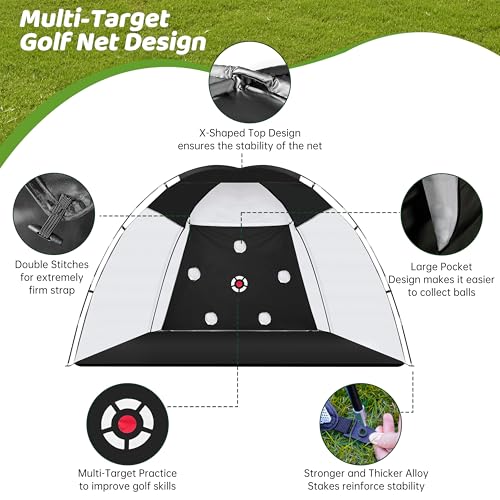 Golf Net, 10x7ft Practice Net with Heavy Tri-Turf Mat, All-in-One Multiple Target Golf Hitting Net, Outdoor Indoor Driving Chipping Training with Target/Mat/Balls/Tee/Bag, Gift for Enthusiasts