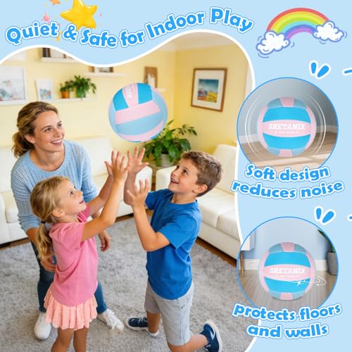 Soft Indoor Volleyball – Quiet Lightweight Fabric Volleyball for Kids, Youth & Beginners, Safe Training Ball, Pump Included - color: Pink/Blue