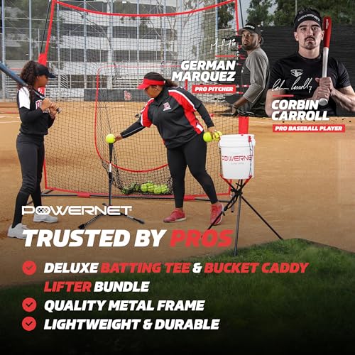 PowerNet Corbin Carroll Baseball Softball Deluxe (2.5 lbs) Batting Tee + Bucket Caddy Lifter Bundle, Training and Drills, Adjustable Height Tee 27.5" - 44", Lifter Holds All Standard Buckets