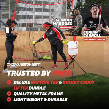 PowerNet Corbin Carroll Baseball Softball Deluxe (2.5 lbs) Batting Tee + Bucket Caddy Lifter Bundle, Training and Drills, Adjustable Height Tee 27.5" - 44", Lifter Holds All Standard Buckets