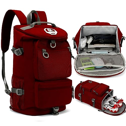 Solid color gym duffel bag backpack, wrestling bag,with shoe compartment, 4 kinds of back method waterproof travel sports walking laptop Lightweight (B-Magenta Red) - color: B-Magenta Red