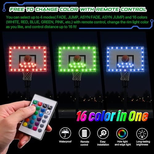 Waybelive LED Basketball Hoop Lights, Remote Control Basketball Rim LED Light, 16 Color Change by Yourself, Waterproof, Super Bright to Play at Night Outdoors, Good Gift for Kids - style: LED Basketball Rim&Backboard Light
