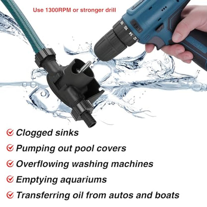 TRUPOW 750GPH Drill Powered Self-Priming Mini Hand Water Transfer Drill Pump Kit with Water Hose & Oil Hose, Filter for Home Water Oil Fluid Transfer