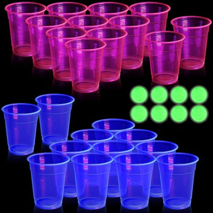 32 Pcs Glow in The Dark Party Table Tennis Game Set Include 24 Pcs Glowing Plastic Cups and 8 Balls for Indoor Outdoor Party Event Birthdays Weddings BBQ Parties - color: Blue and Pink